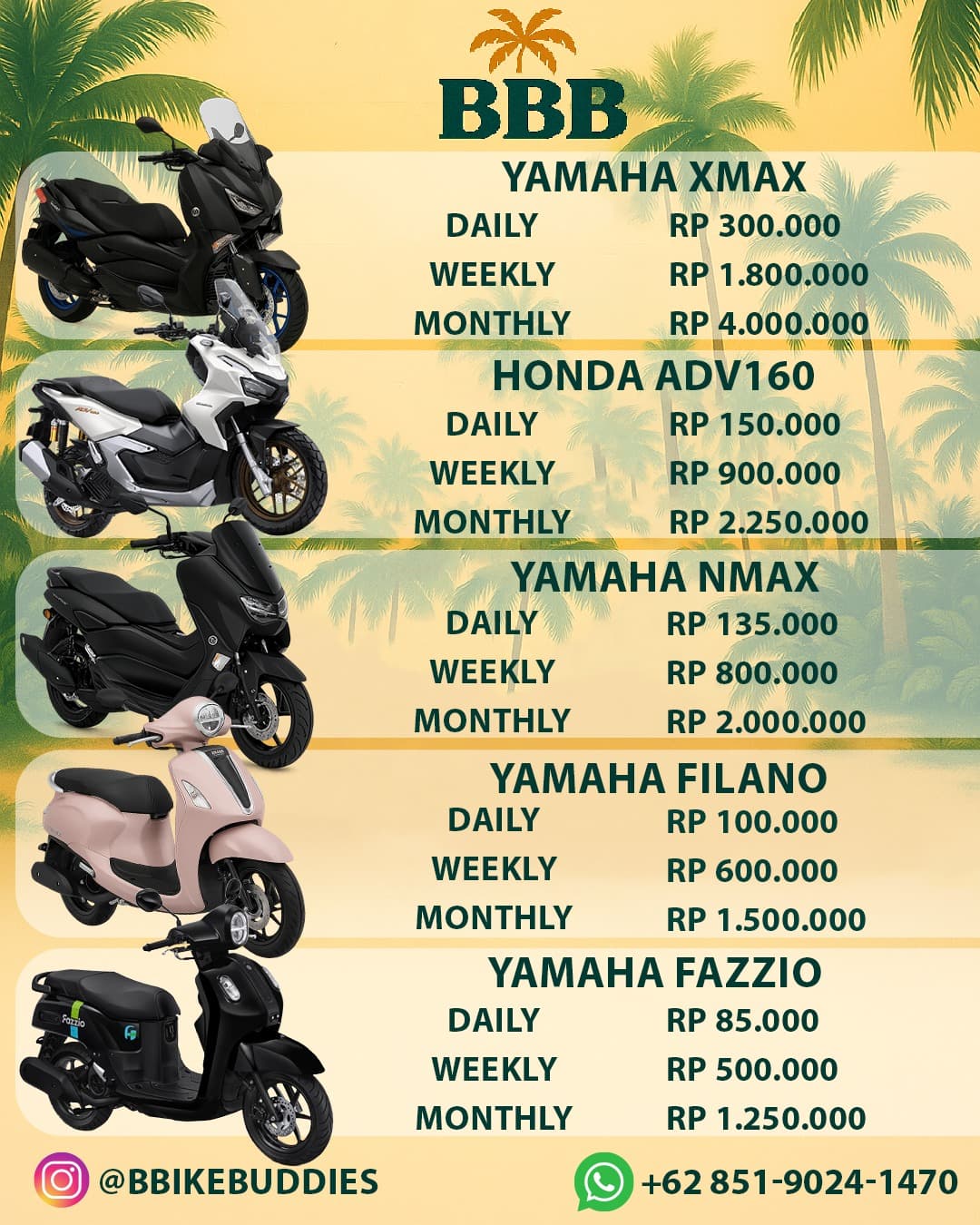 Bali Bike Buddies pricelist — all 5 scooters with daily, weekly, and monthly rates